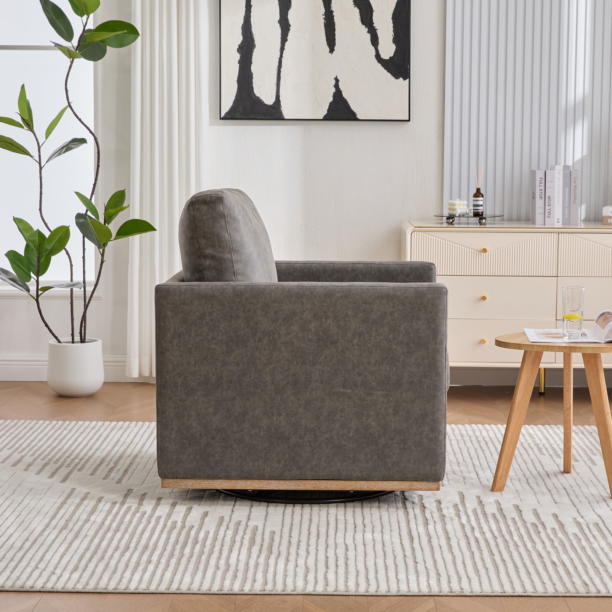 Hira Grey Vegan Leather Swivel Accent Chair with Weathered Wood Trim and Plush Cushion - MidinMod