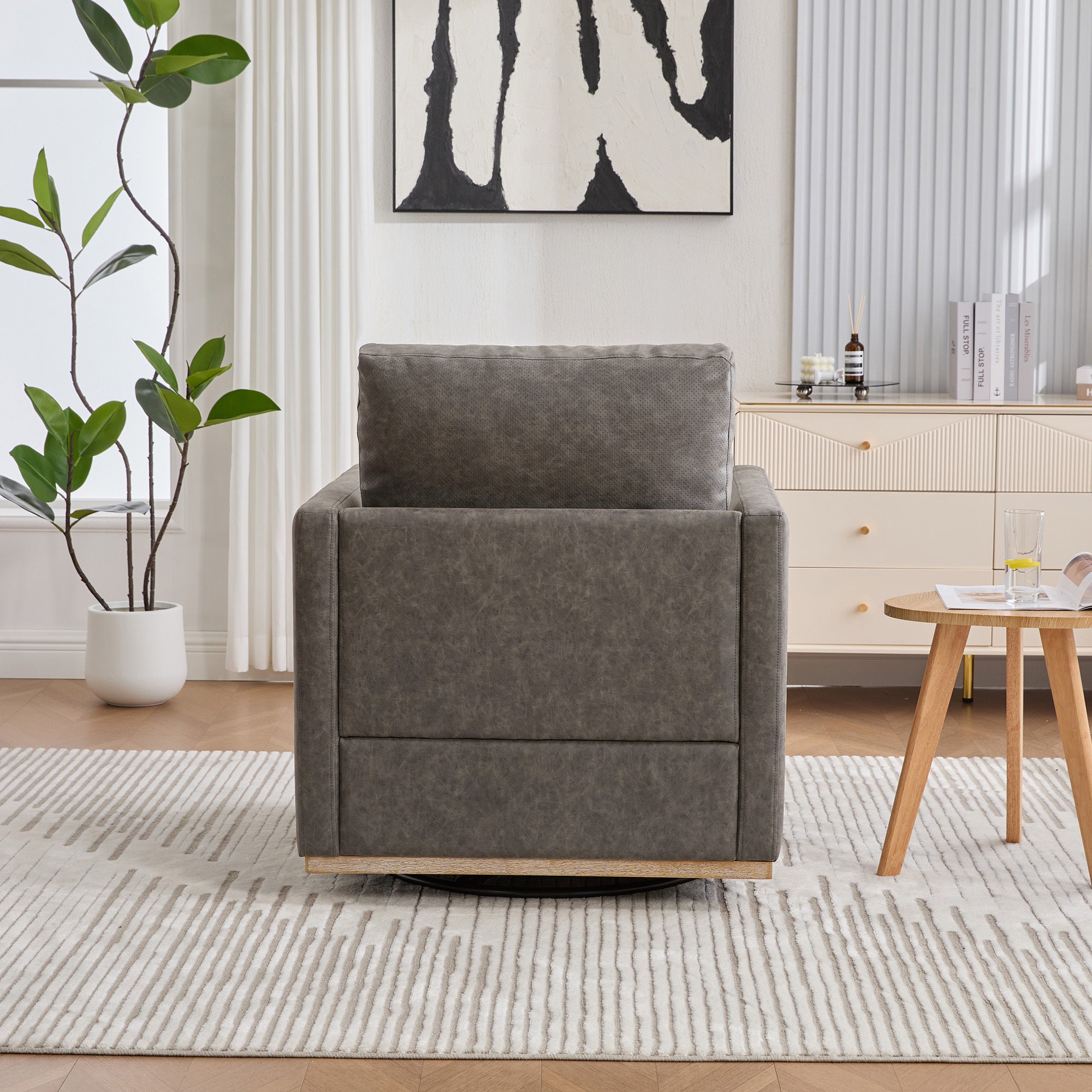 Hira Grey Vegan Leather Swivel Accent Chair with Weathered Wood Trim and Plush Cushion - MidinMod
