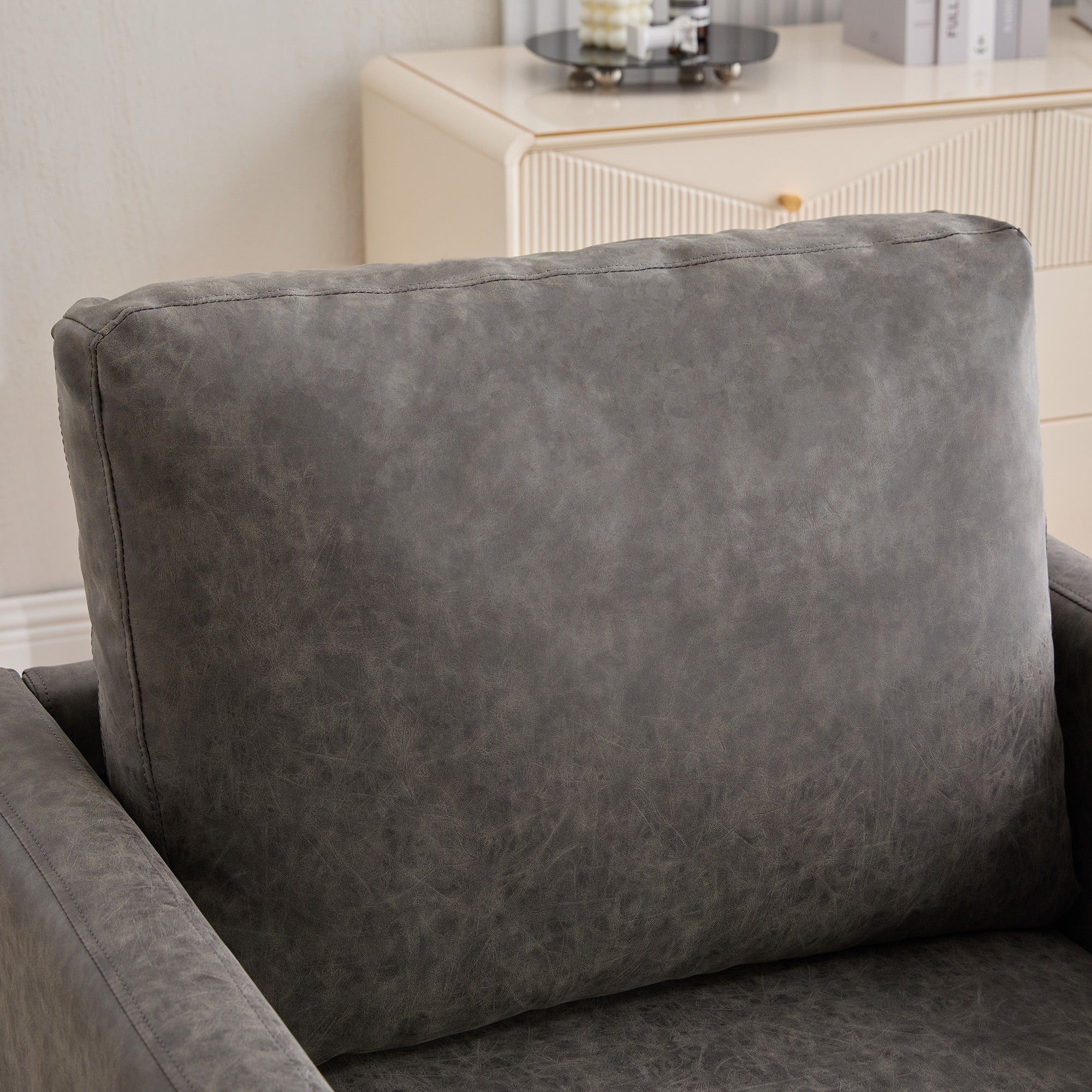 Hira Grey Vegan Leather Swivel Accent Chair with Weathered Wood Trim and Plush Cushion - MidinMod