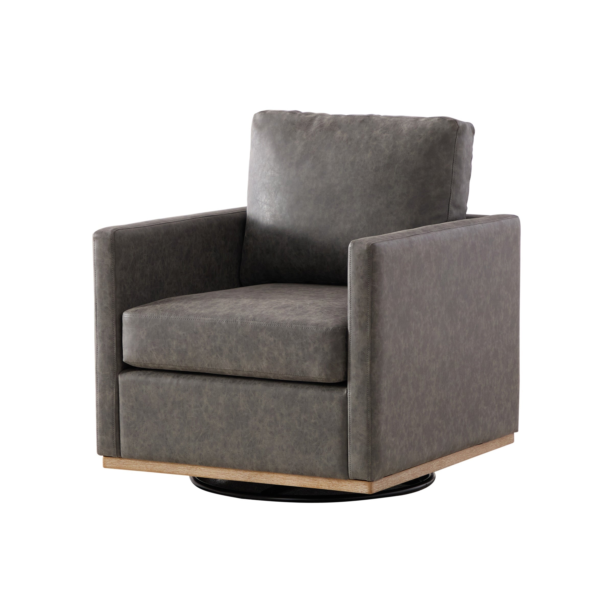 Hira Grey Vegan Leather Swivel Accent Chair with Weathered Wood Trim and Plush Cushion - MidinMod