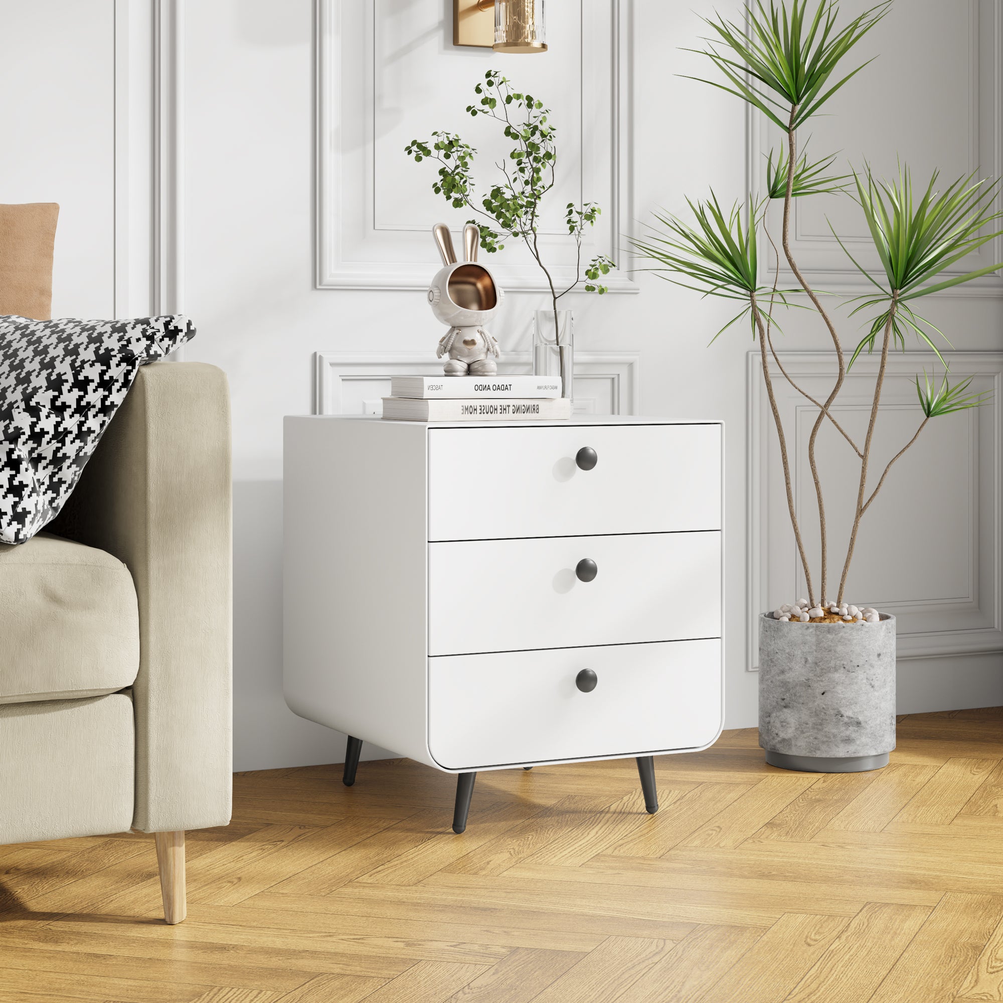 Hon Modern 3-Drawer White Steel Bedside Cabinet - MidinMod