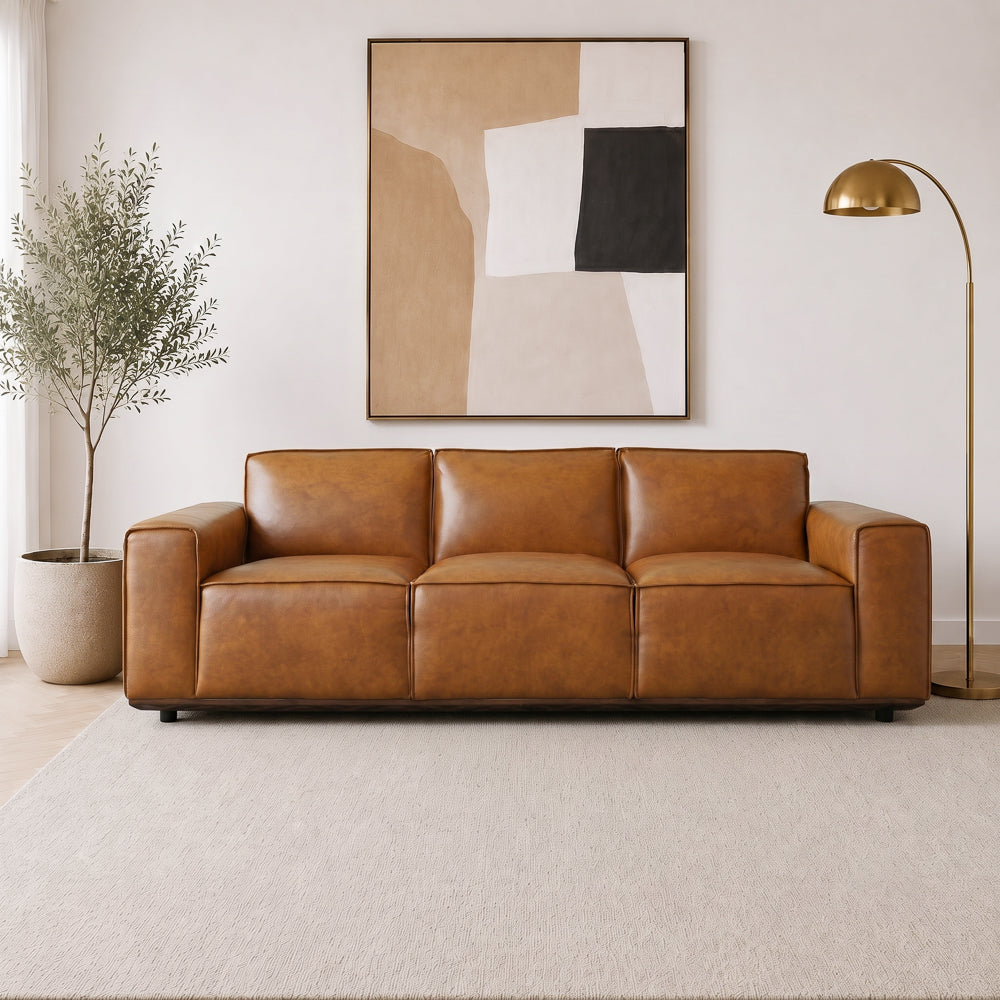 Huntington Mid-Century Modern Sofa | Tan Genuine Leather & Solid Wood Base | MidinMod