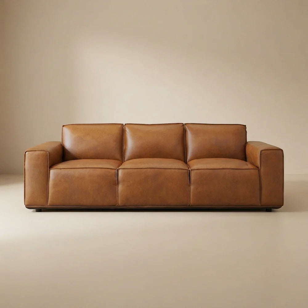 Huntington Mid-Century Modern Sofa | Tan Genuine Leather & Solid Wood Base | MidinMod