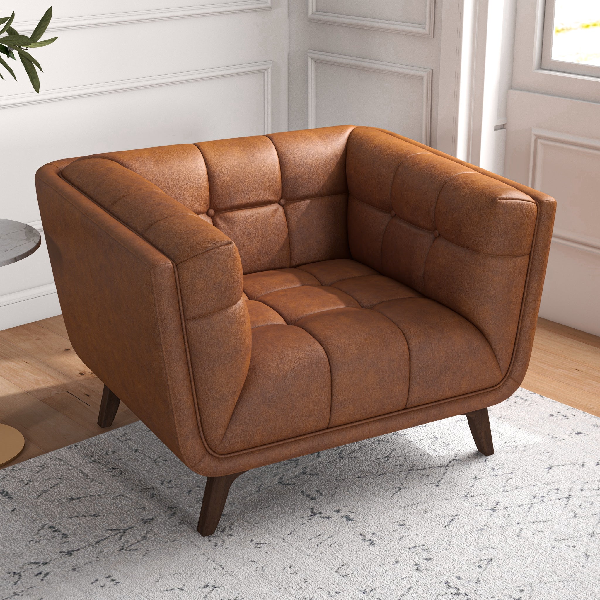 Kano Mid-Century Modern Cognac Genuine Leather Lounge Chair | MidinMod