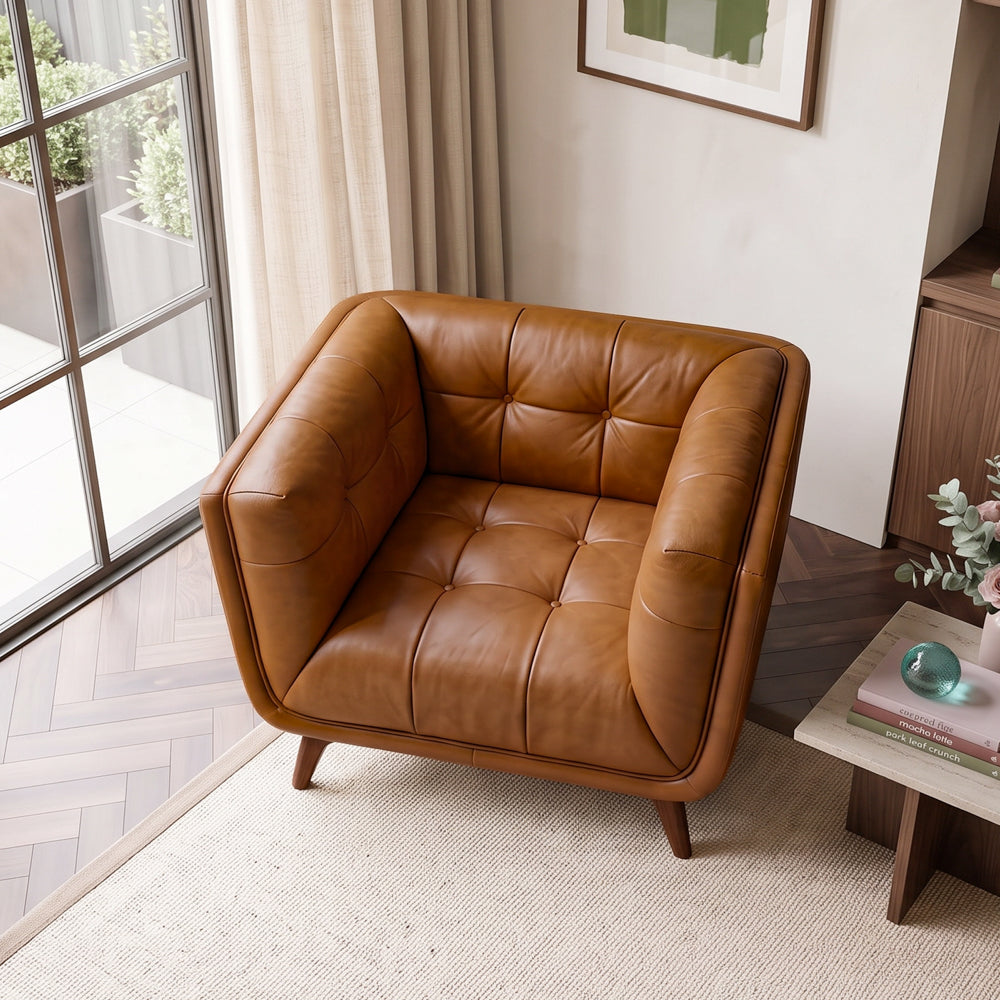 MidinMod Mid-Century Modern Cognac Genuine Leather Lounge Chair | MidinMod