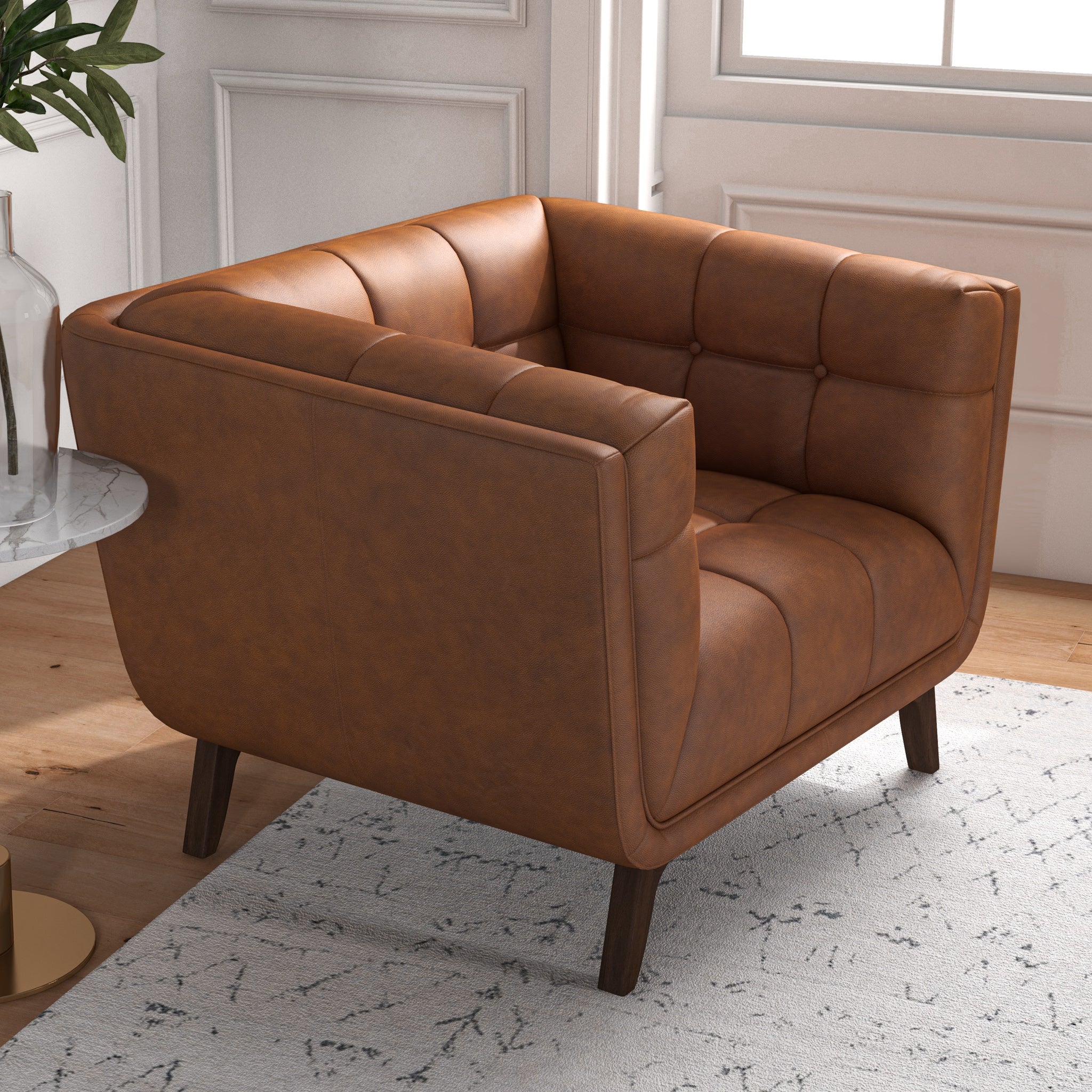 Kano Mid-Century Modern Cognac Genuine Leather Lounge Chair | MidinMod