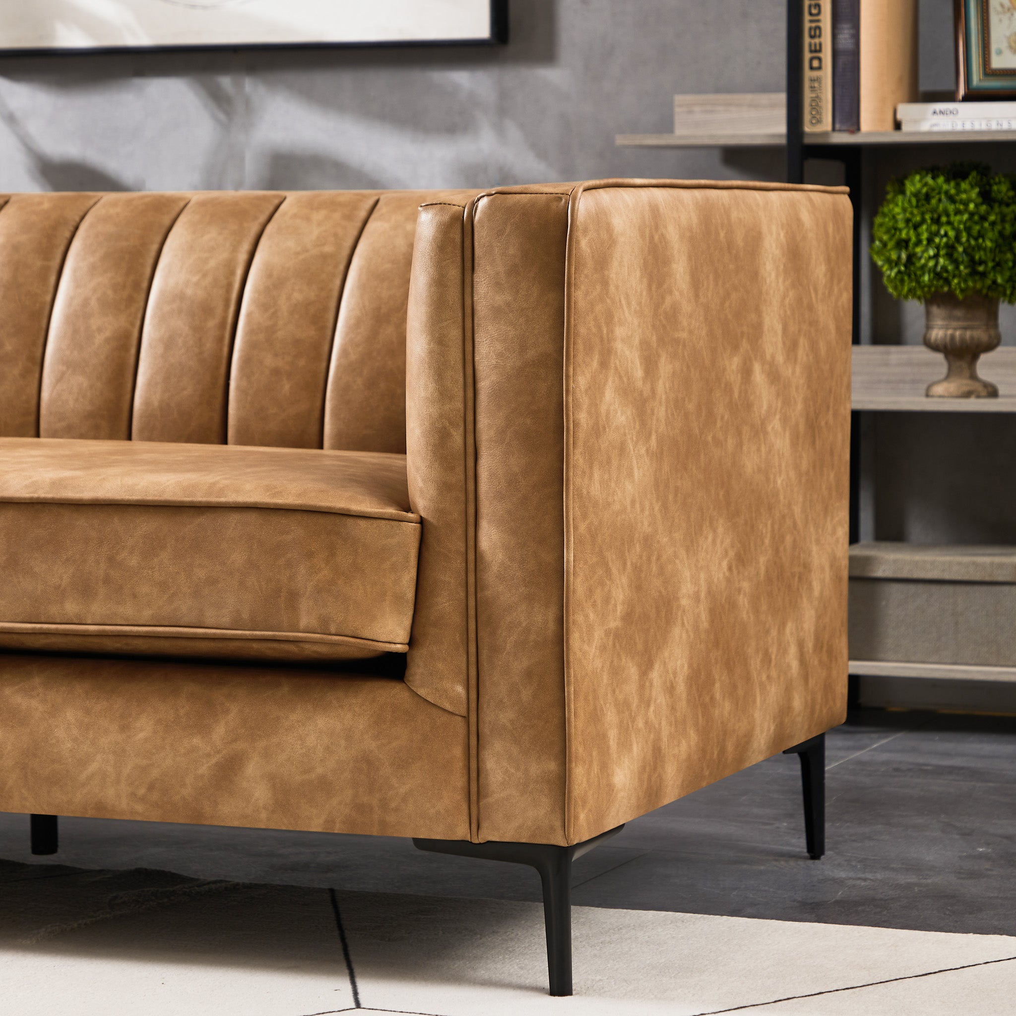 Kendra 84" Cognac Tan Vegan Leather Sofa | Mid-Century Modern Luxury Couch | MidinMod