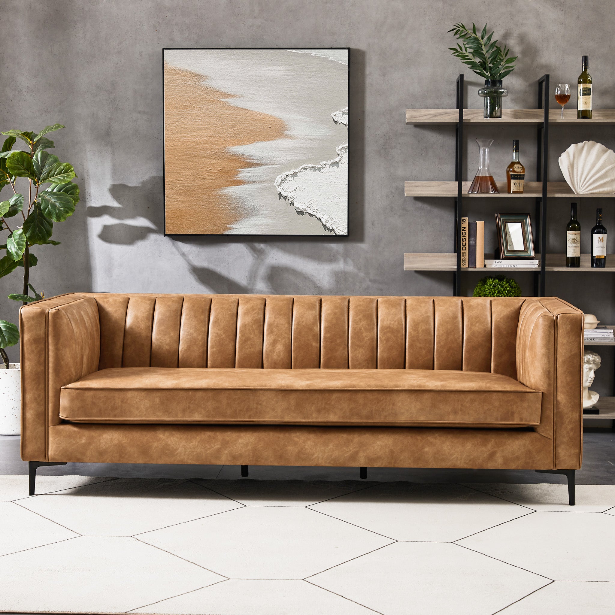 Kendra 84" Cognac Tan Vegan Leather Sofa | Mid-Century Modern Luxury Couch | MidinMod