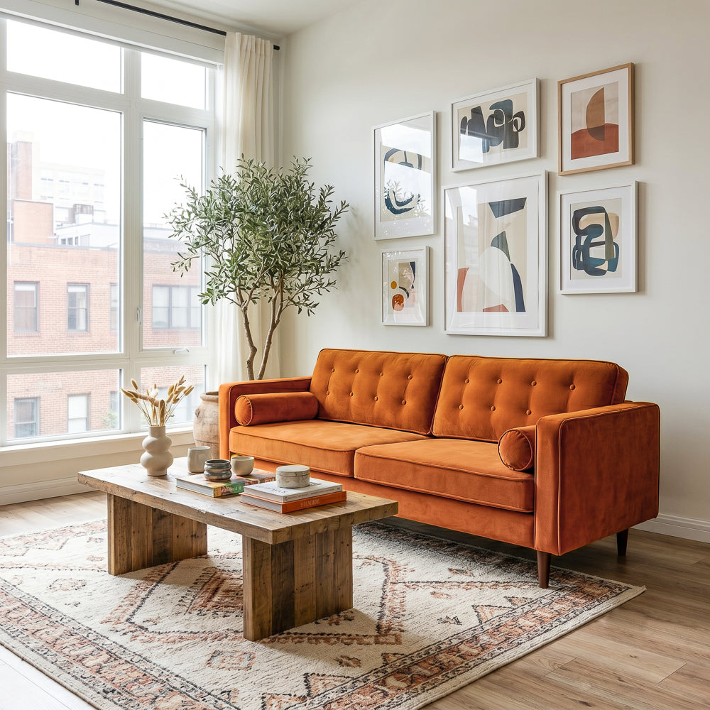 Kirby Mid-Century Modern Burnt Orange Velvet Square Arm Sofa | MidinMod