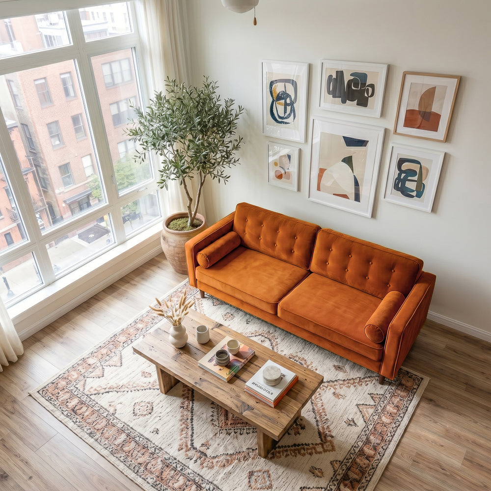 Kirby Mid-Century Modern Burnt Orange Velvet Square Arm Sofa | MidinMod