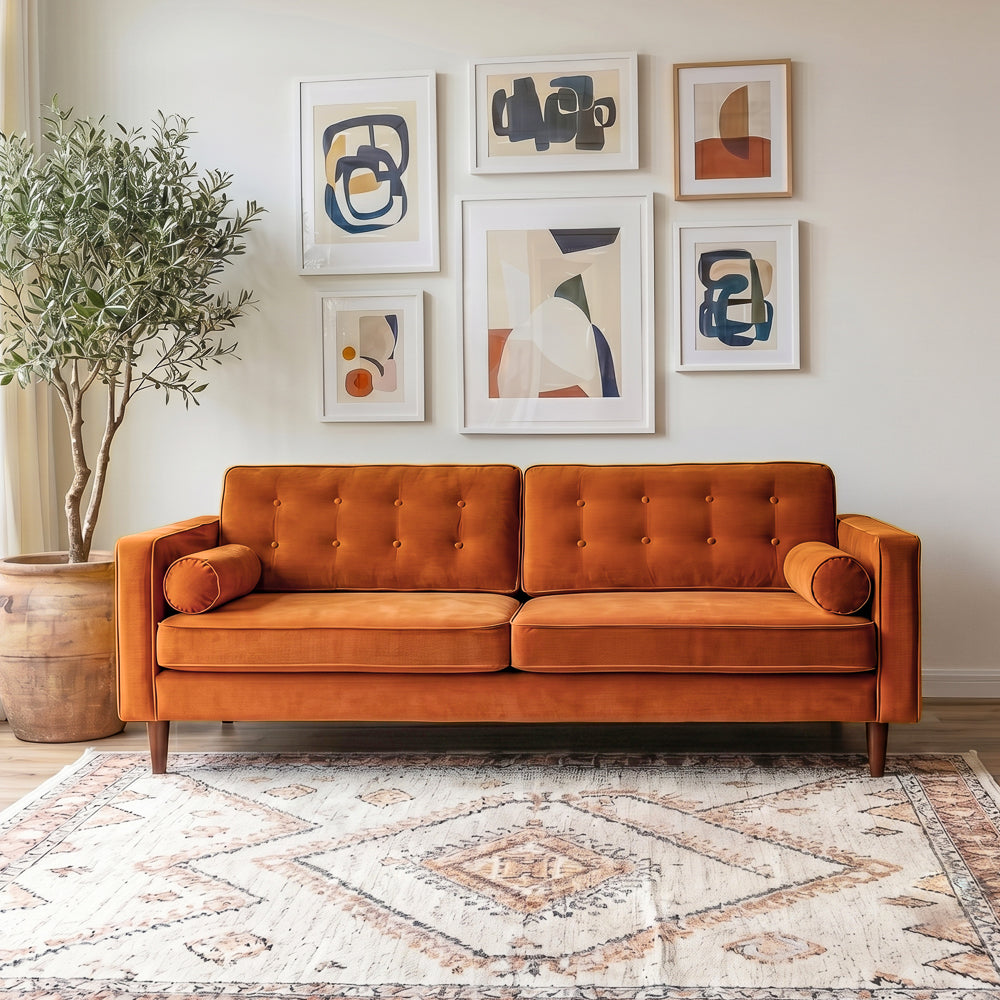 Kirby Mid-Century Modern Burnt Orange Velvet Square Arm Sofa | MidinMod