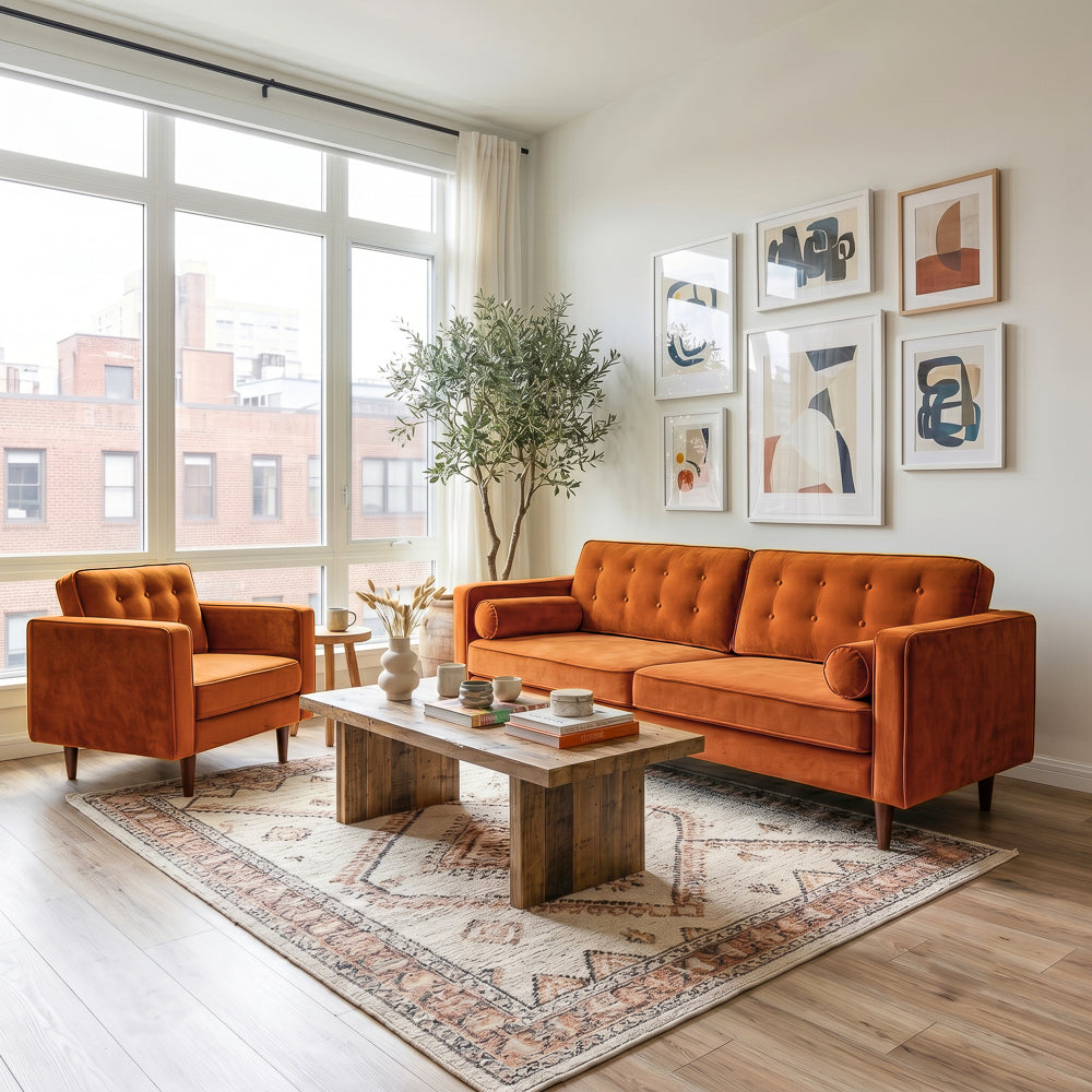 Kirby Mid-Century Modern Burnt Orange Velvet Square Arm Sofa | MidinMod