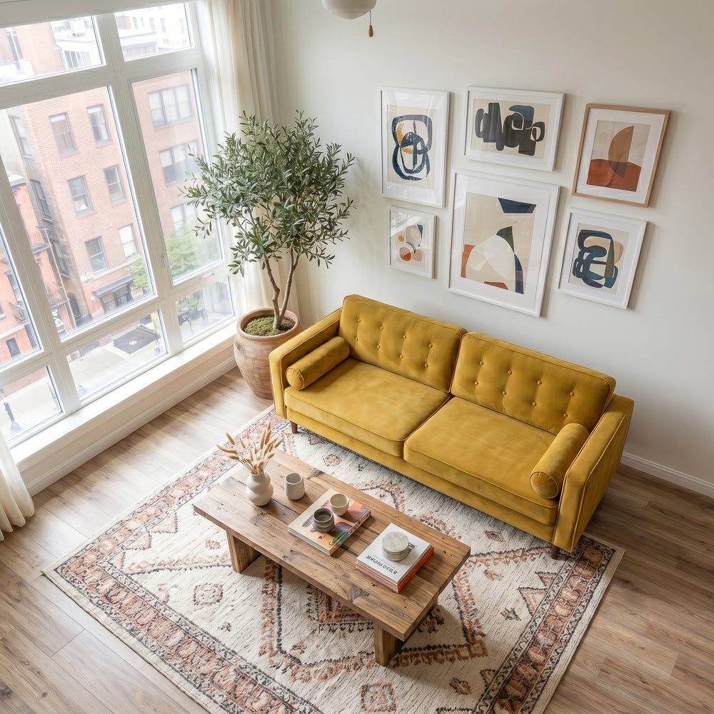 Kirby Mid-Century Modern Dark Yellow Velvet Square Arm Sofa | MidinMod