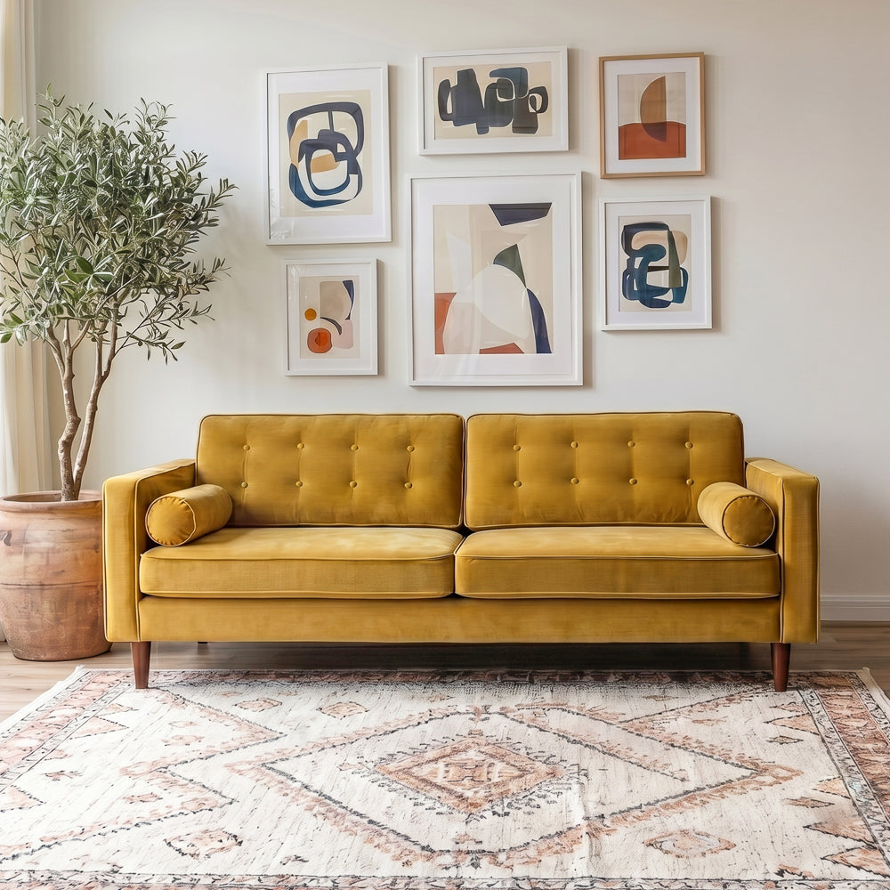 Kirby Mid-Century Modern Dark Yellow Velvet Square Arm Sofa | MidinMod