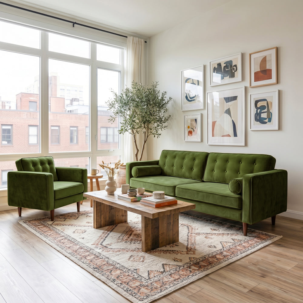 Kirby Mid-Century Modern Olive Green Velvet Square Arm Sofa | MidinMod