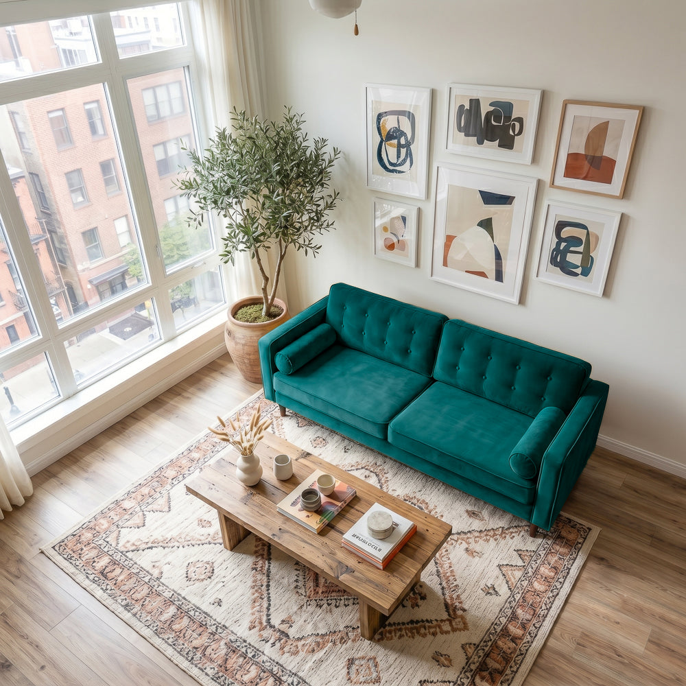 Kirby Teal Velvet Sofa | Contemporary Mid-Century Modern 3-Seater Sofa | MidinMod