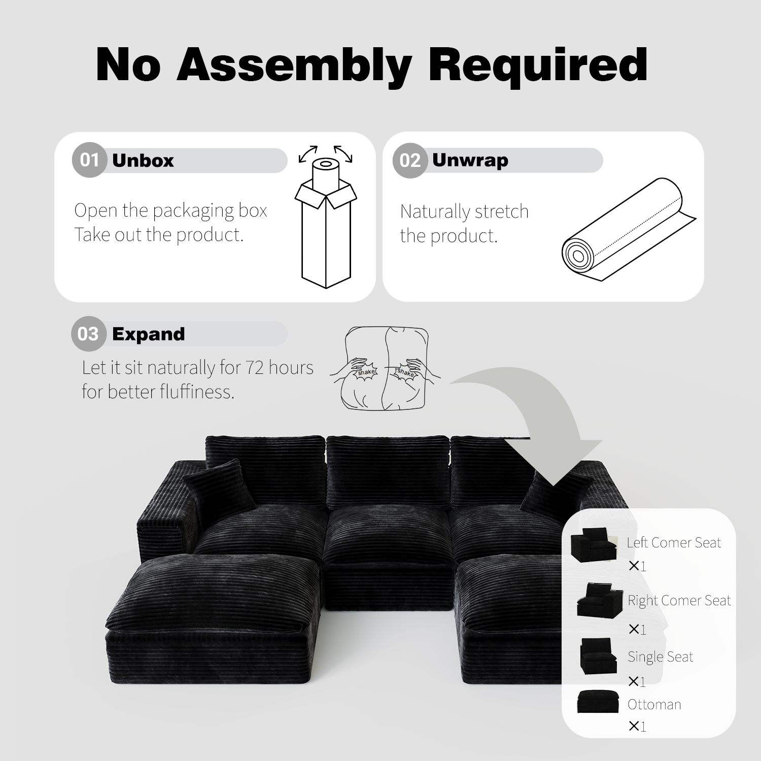 Legand Modern Black Modular 3-Seat Sofa with Cloud-Like Comfort - MidinMod