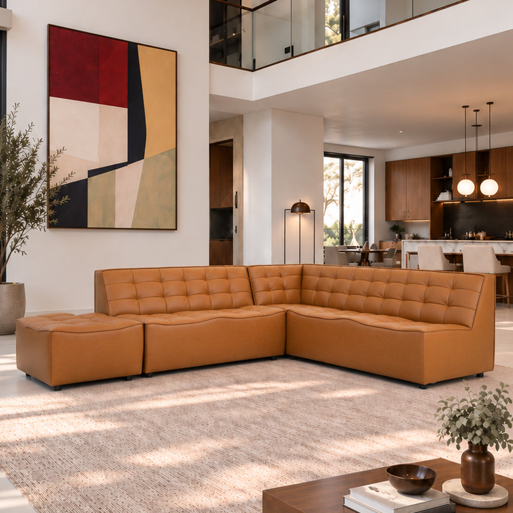 Linden Vegan Leather Modern Corner Sectional Sofa with Ottoman | MidinMod