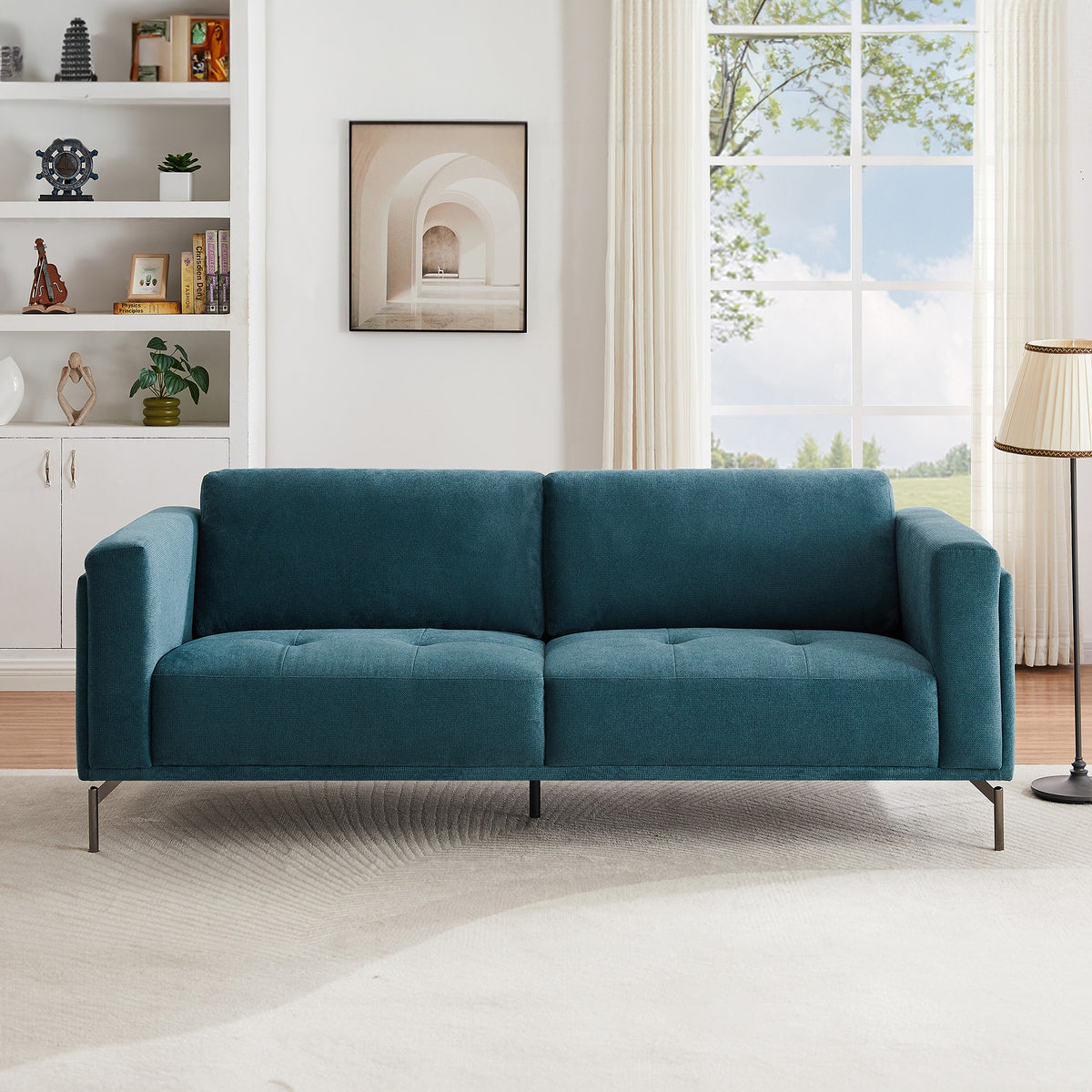 London Blue Fabric Sofa | Mid-Century Tufted 3-Seater Couch | MidinMod