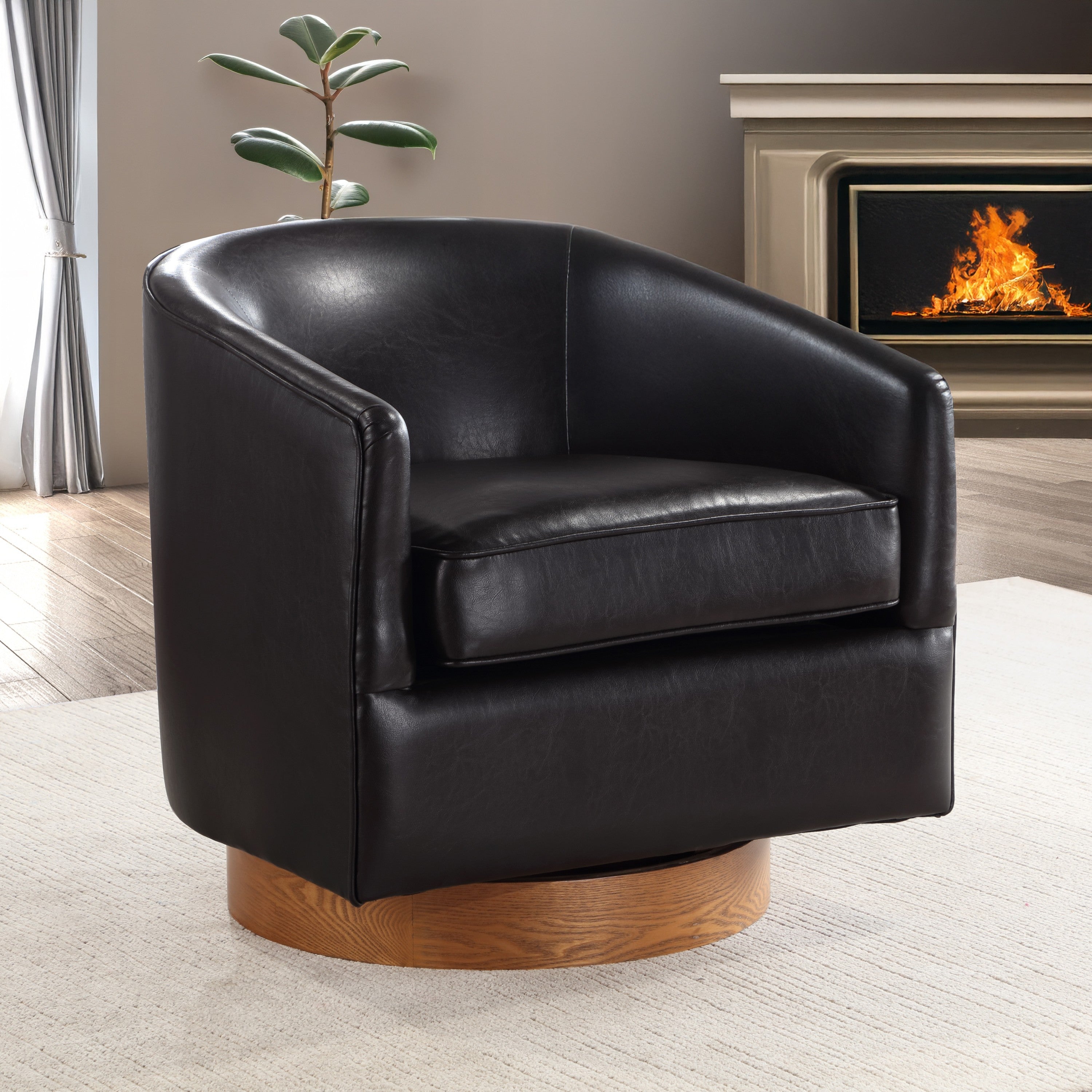 Maisy Brown Faux Leather Wood Base Barrel Swivel Chair - MidinMod