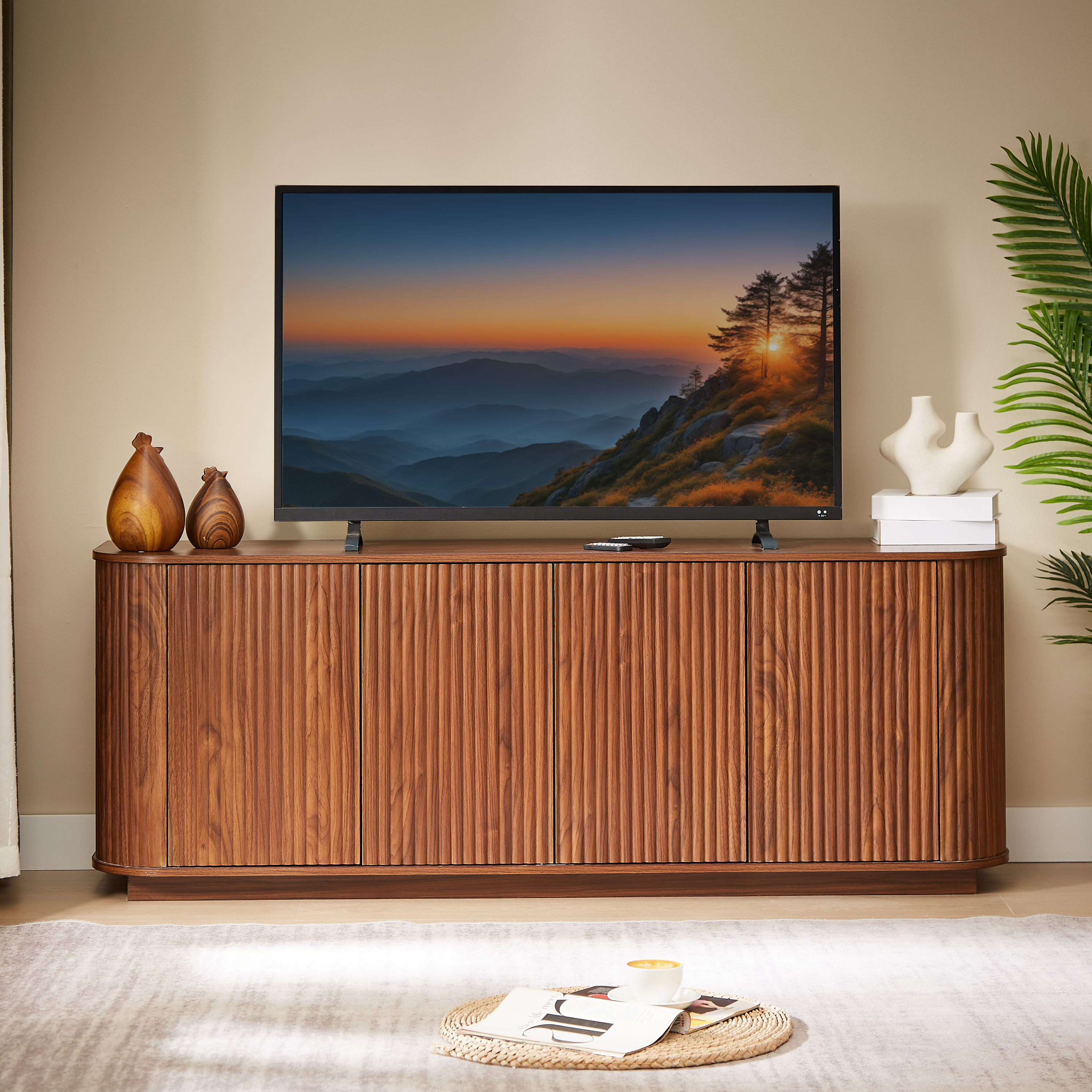 Martin Walnut MDF Contemporary Sideboard Cabinet with Wave Pattern Design - MidinMod