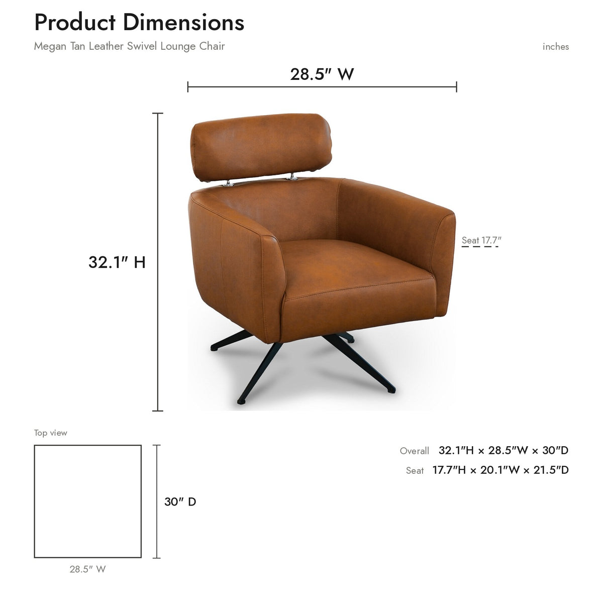 Product DimensionsMegan Mid-Century Modern Genuine Leather Swivel Armchair | MidinMod