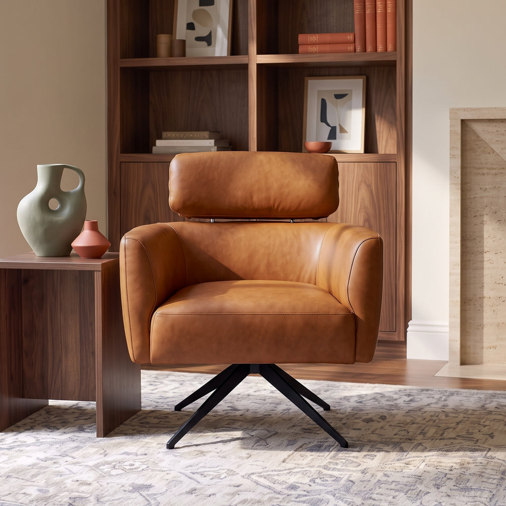 Megan Mid-Century Modern Genuine Leather Swivel Armchair | MidinMod