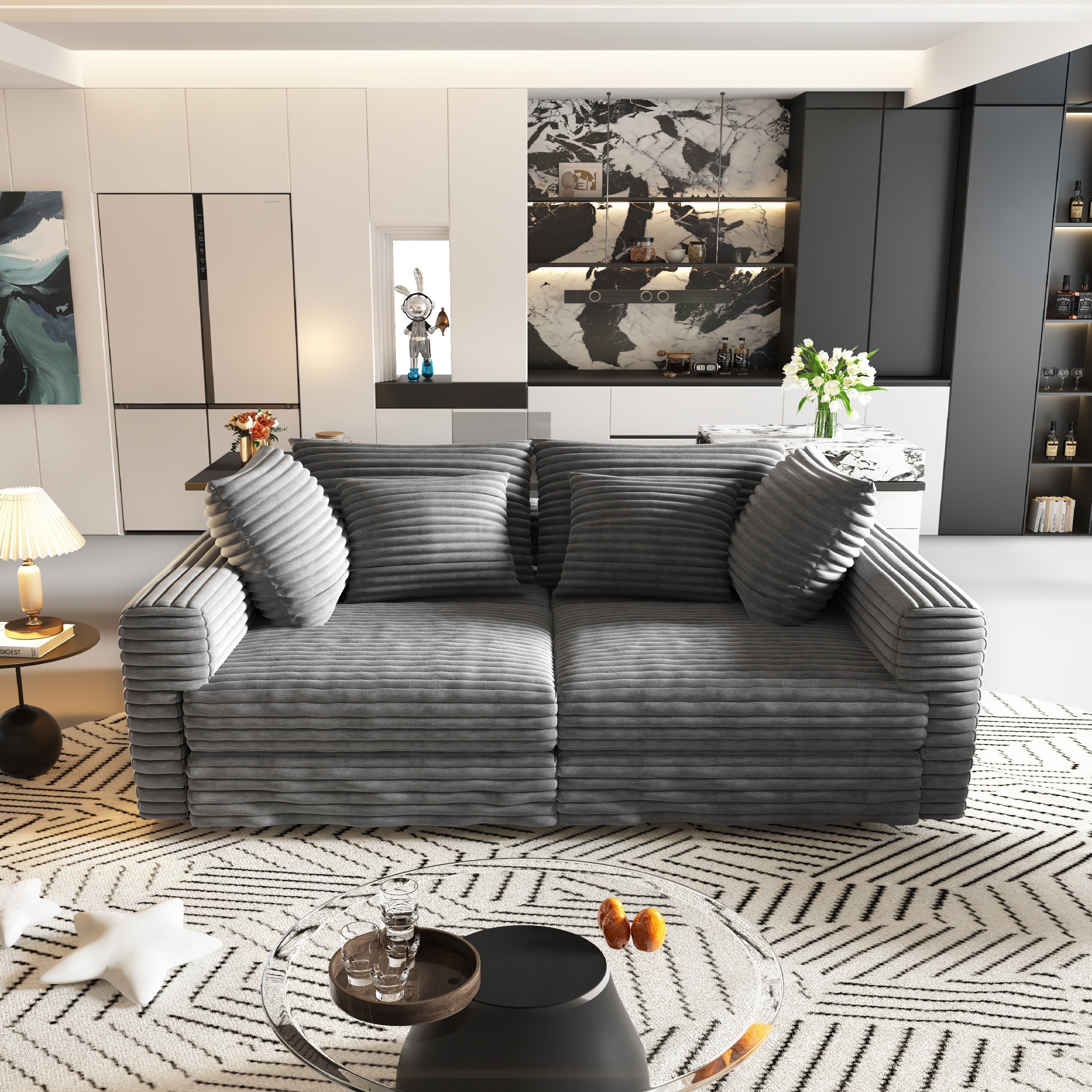 Mimosa Grey Corduroy 4-Seater Cloud Sofa with Deep Cushions and Solid Wood Framev - MidinMod