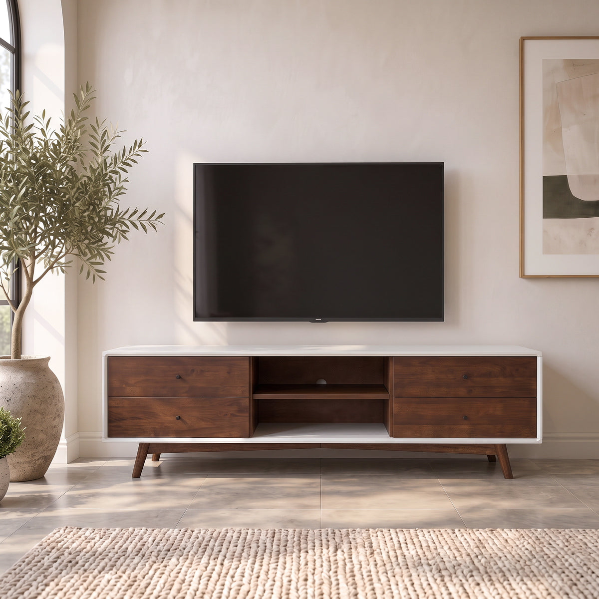 Noak Mid Century Modern Style White TV Stand - MidinMod