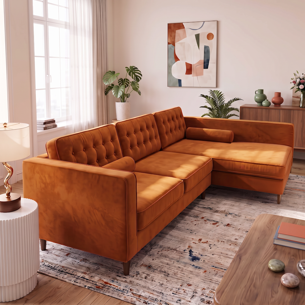 Olson Mid-Century Modern Burnt Orange Velvet Upholstered Left-Facing Sectional Sofa | MidinMod