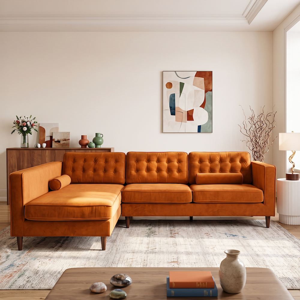 Olson Mid-Century Modern Burnt Orange Velvet Upholstered Left-Facing Sectional Sofa | MidinMod