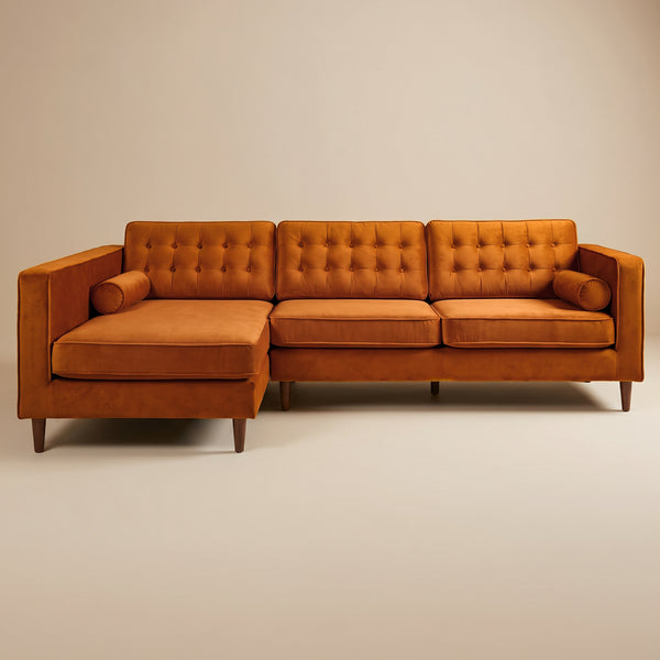 Olson Mid-Century Modern Burnt Orange Velvet Upholstered Left-Facing Sectional Sofa | MidinMod