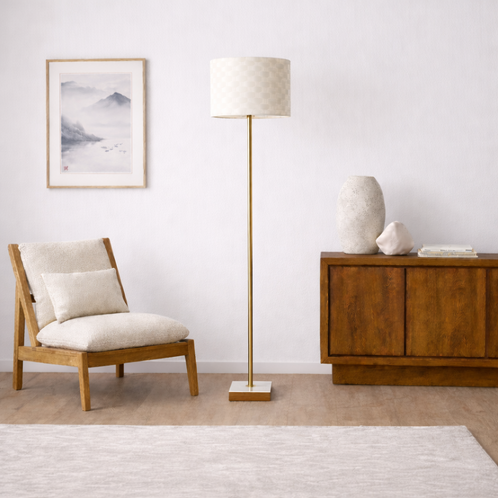 Pulsar Marble and Wood Floor Lamp with Woven Shade and Brass Stem | MidinMod