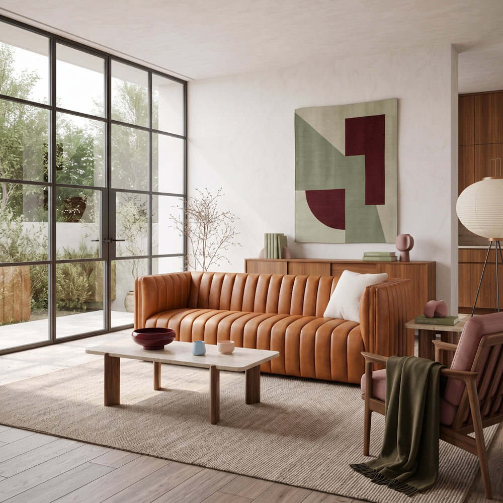 Rosslyn cognac leather sofa, cross view on a lifestyle studio | MidinMod