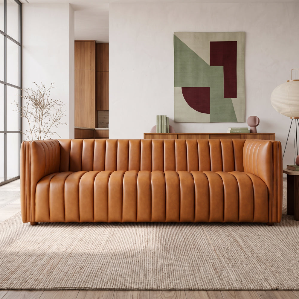 Rosslyn cognac leather sofa, front view on a lifestyle studio | MidinMod