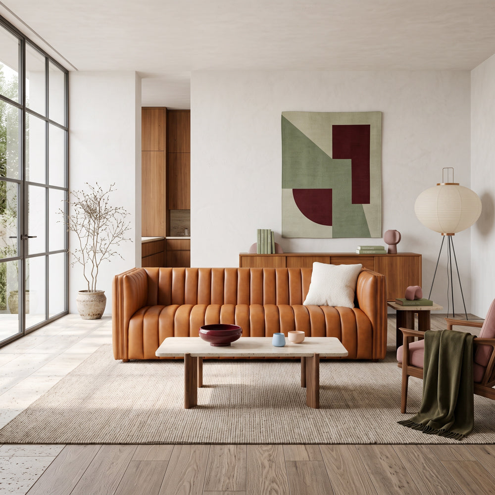 Rosslyn cognac leather sofa, wide angle view on a lifestyle studio | MidinMod