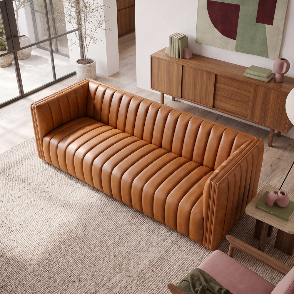 Rosslyn cognac leather sofa, high angle view on a lifestyle studio | MidinMod