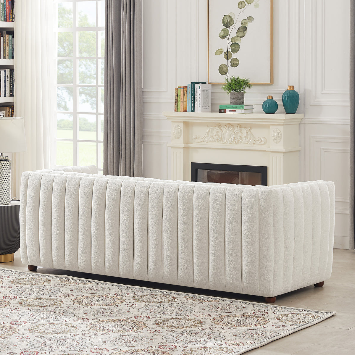 Rosslyn Channel Tufted White Boucle Fabric Upholstered Sofa | MidinMod