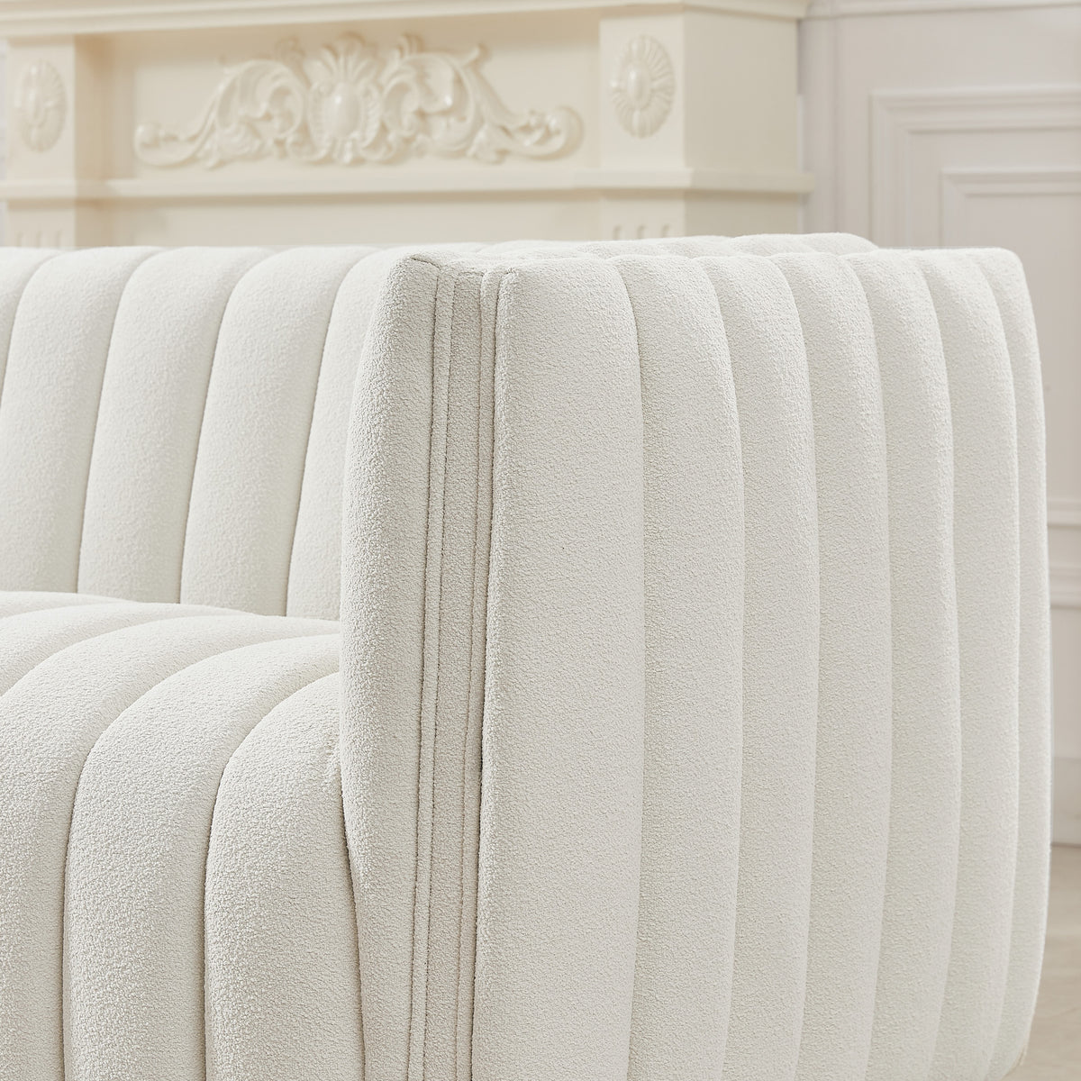 Rosslyn Channel Tufted White Boucle Fabric Upholstered Sofa | MidinMod