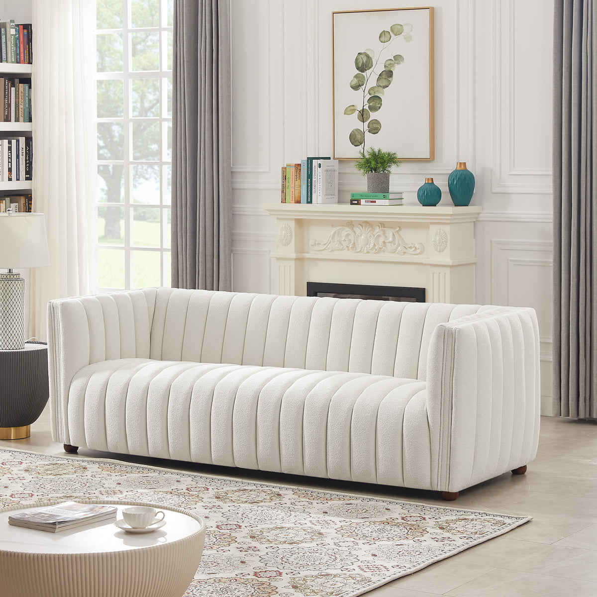Rosslyn Channel Tufted White Boucle Fabric Upholstered Sofa | MidinMod