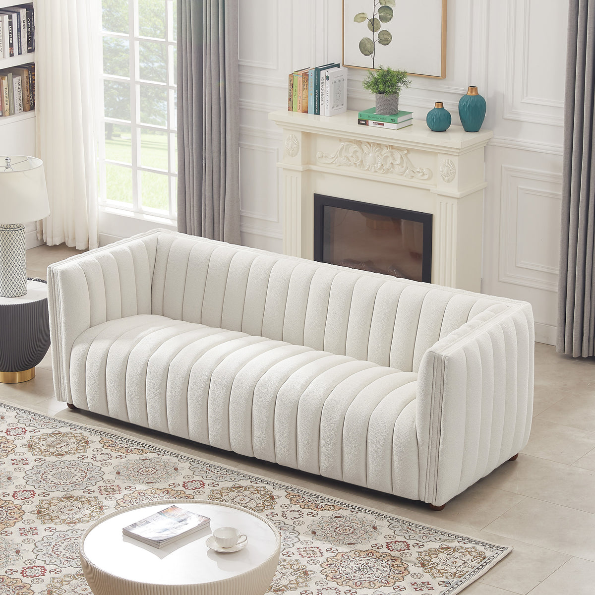 Rosslyn Channel Tufted White Boucle Fabric Upholstered Sofa | MidinMod