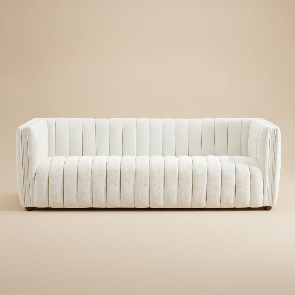 Rosslyn Channel Tufted White Boucle Fabric Upholstered Sofa | MidinMod