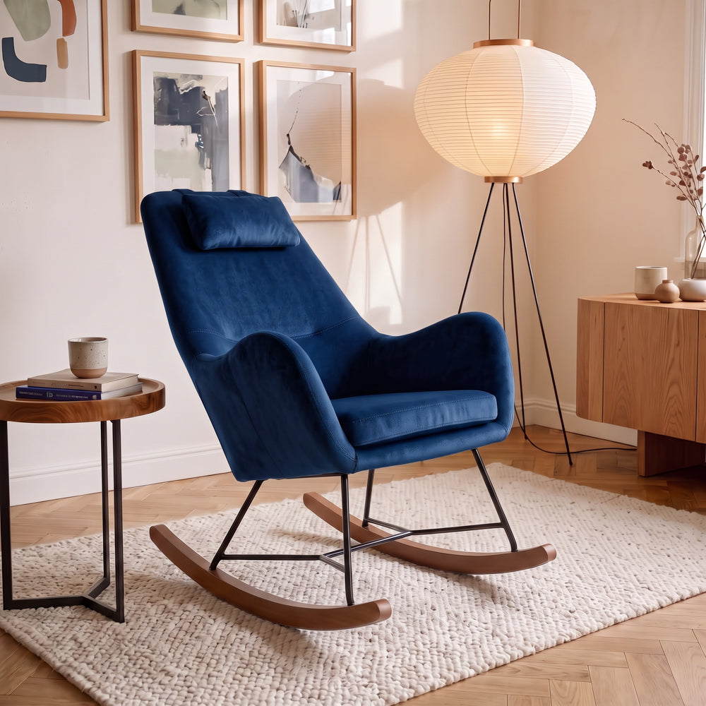Rumi Blue Velvet Rocking Chair | Mid-Century Modern Nursery & Lounge Rocker | MidinMod