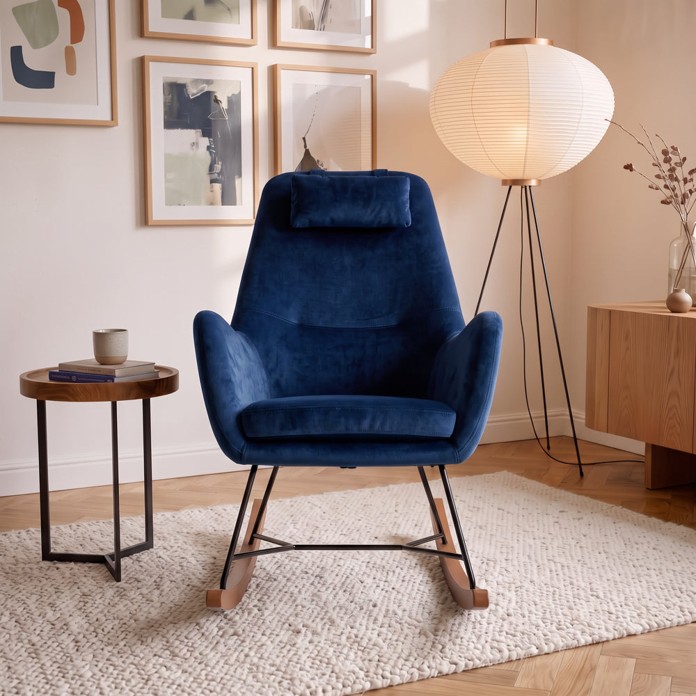 Rumi Blue Velvet Rocking Chair | Mid-Century Modern Nursery & Lounge Rocker | MidinMod