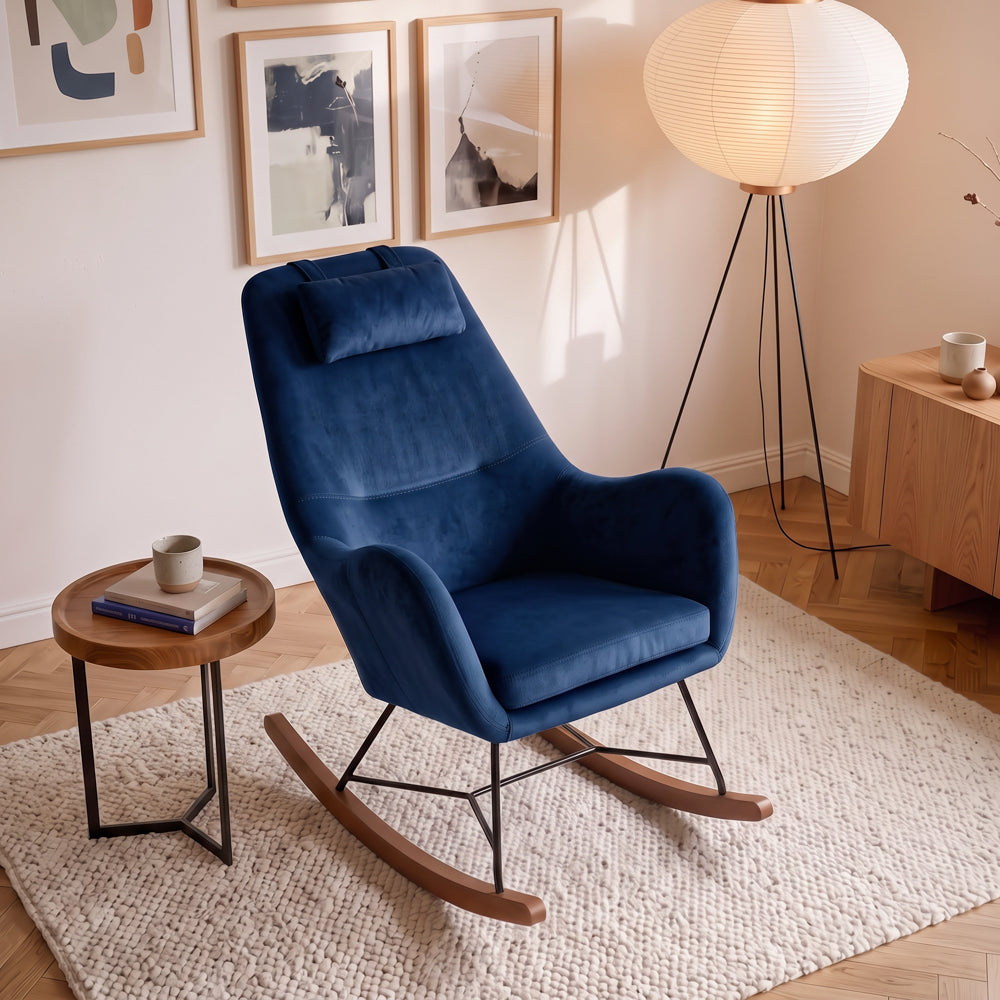 Rumi Blue Velvet Rocking Chair | Mid-Century Modern Nursery & Lounge Rocker | MidinMod