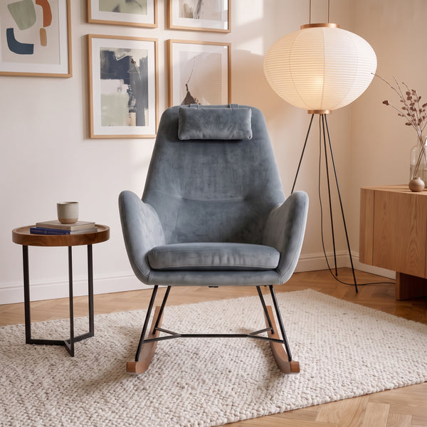 Rumi Grey Velvet Rocking Chair | Mid-Century Modern Nursery & Lounge Rocker | MidinMod
