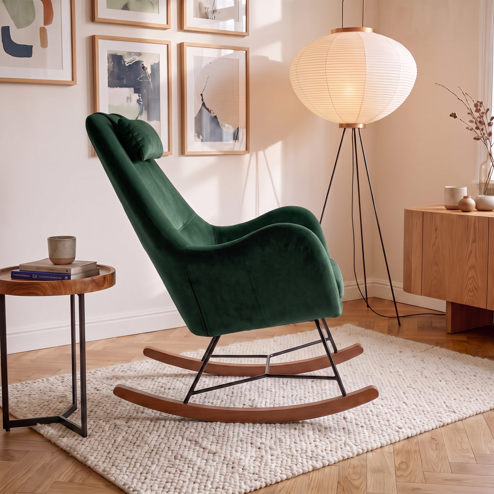 Rumi Green Velvet Rocking Chair | Mid-Century Modern Nursery & Lounge Rocker | MidinMod