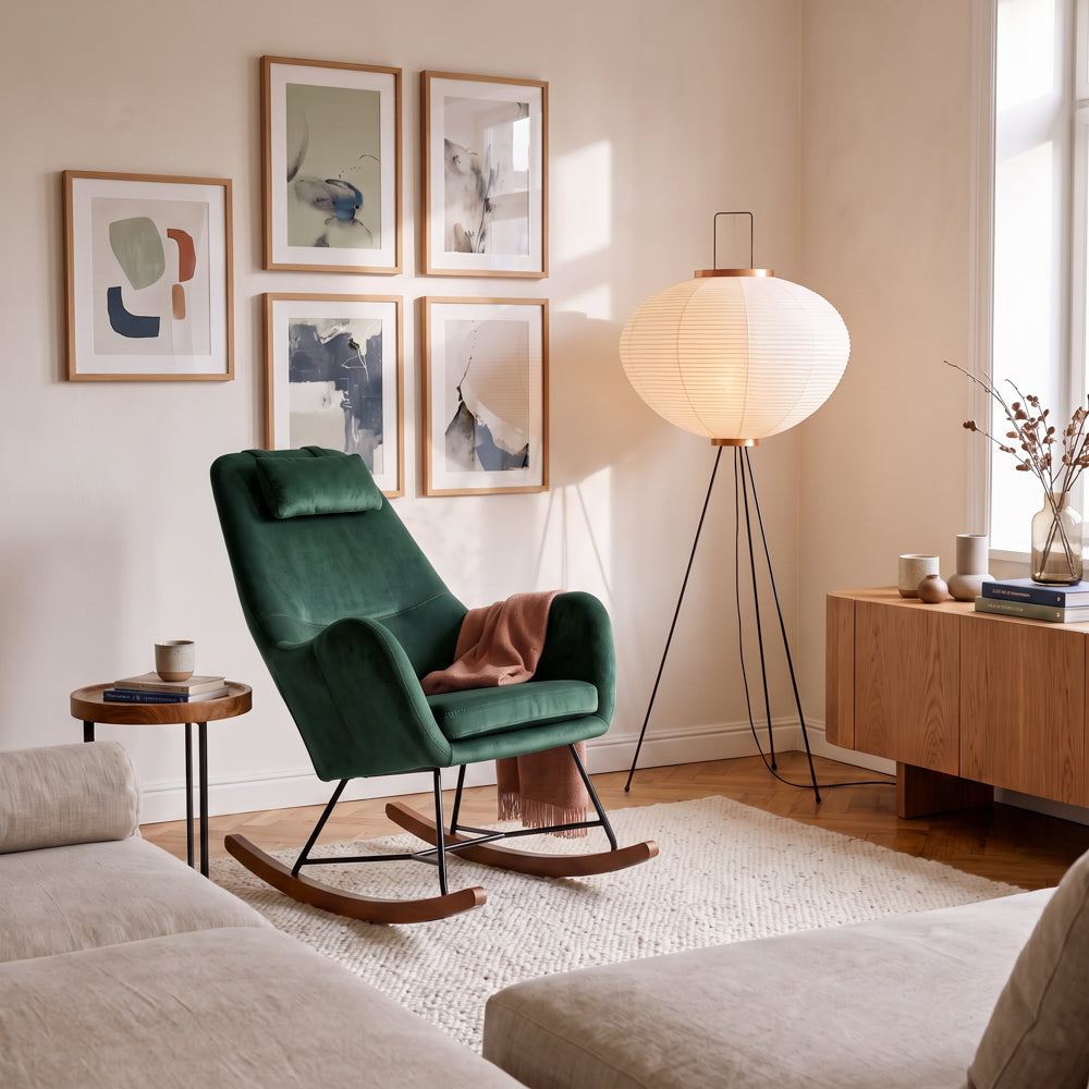 Rumi Green Velvet Rocking Chair | Mid-Century Modern Nursery & Lounge Rocker | MidinMod