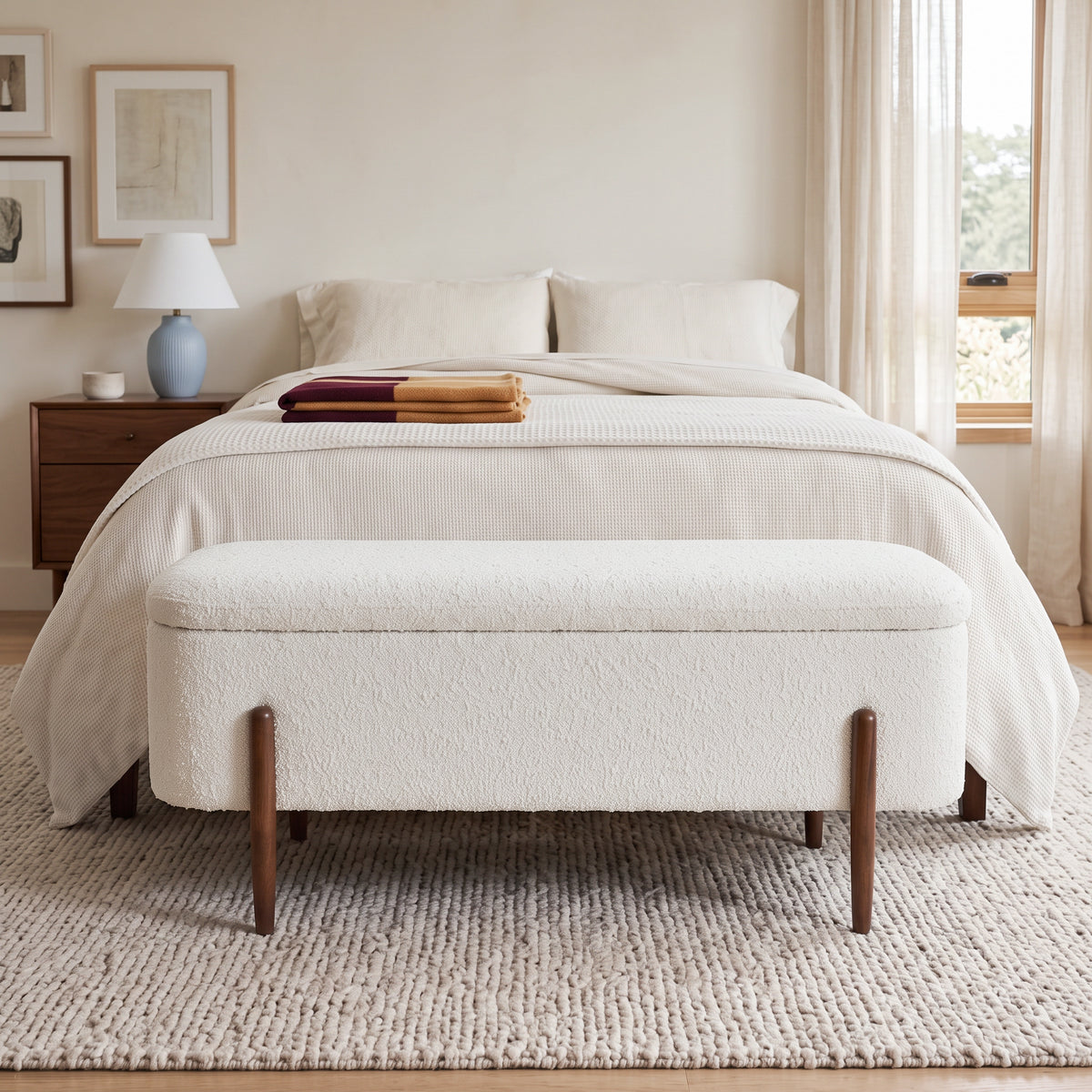 Sasha Mid-Century Modern Storage Bench – Teak & Boucle Elegance | MidinMod