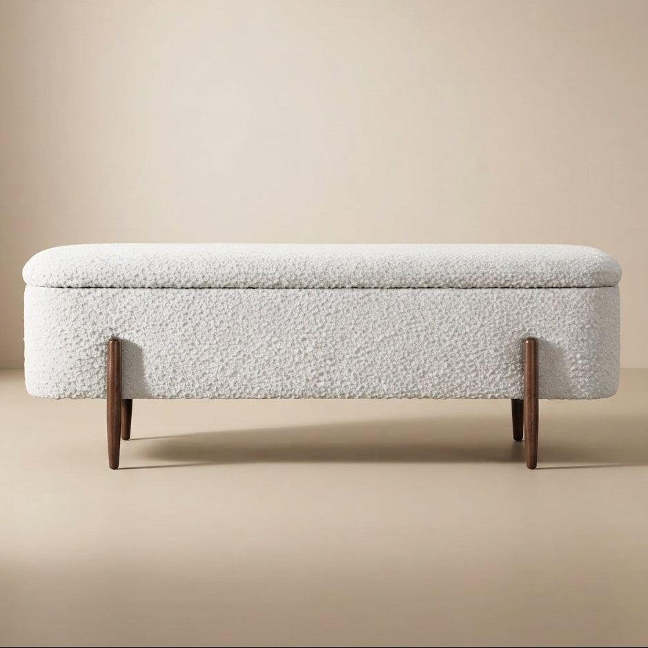 Sasha Mid-Century Modern Storage Bench – Teak & Boucle Elegance | MidinMod